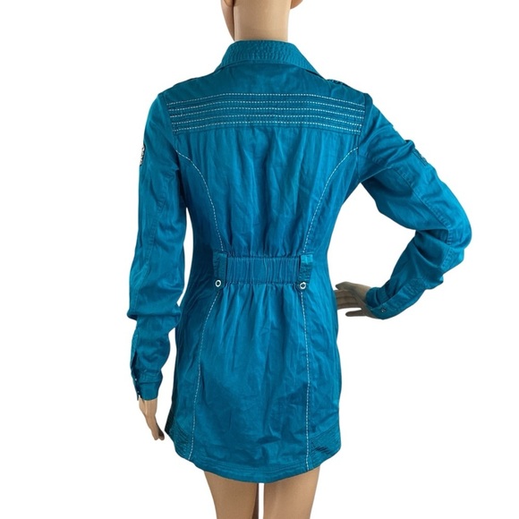 Coogi Shiny Snap Front Stretch Utility Mini Shirt Dress Teal Small - Picture 5 of 7